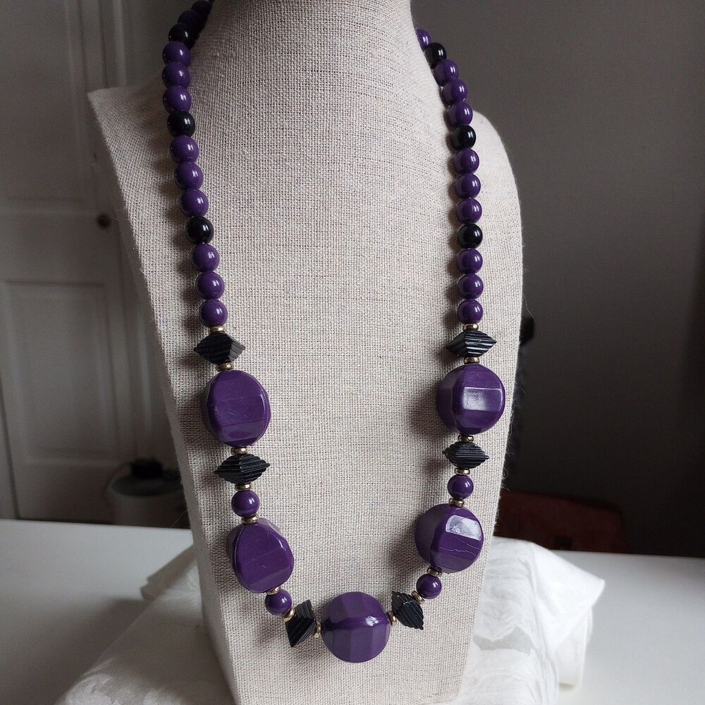 80s Vintage Beaded Necklace, Purple, black pyramid & Gold, 24"